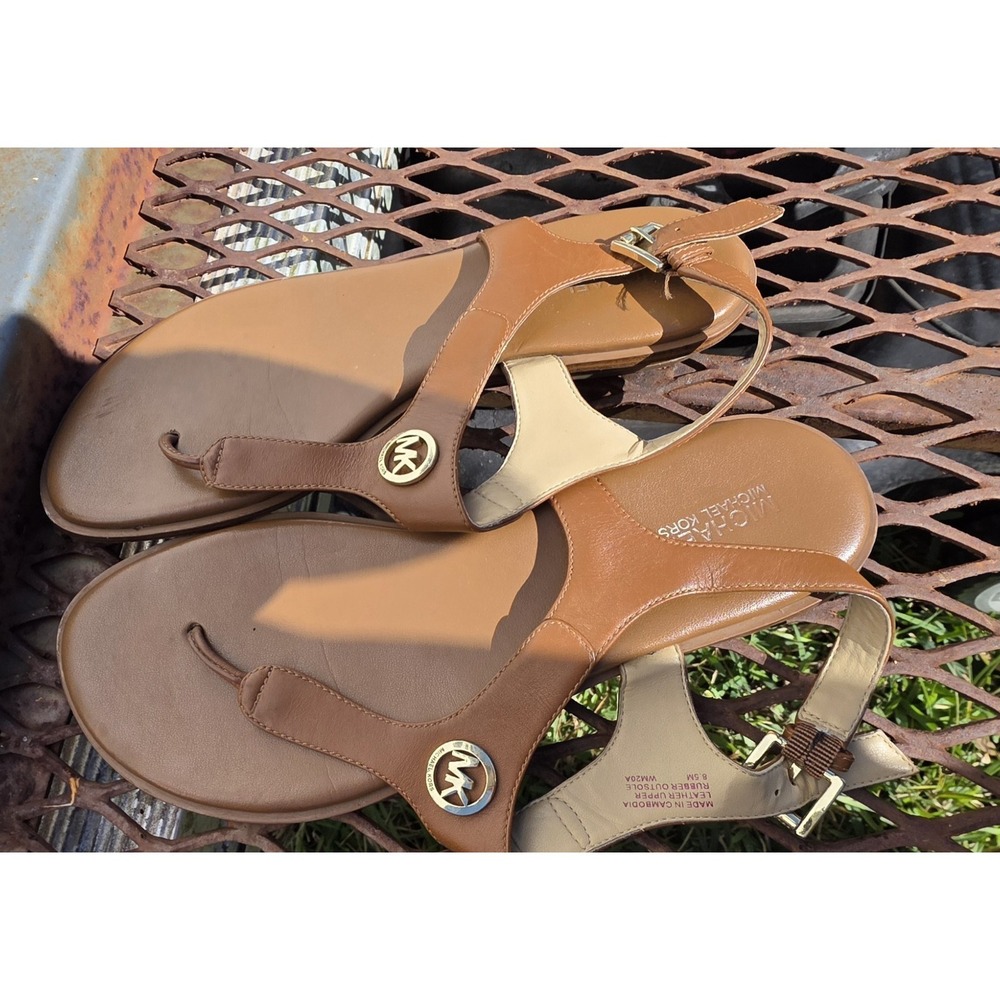 Womens Michael Kors Brown Leather Logo Thong Wedge Sandals Size 8.5 - Picture 2 of 4